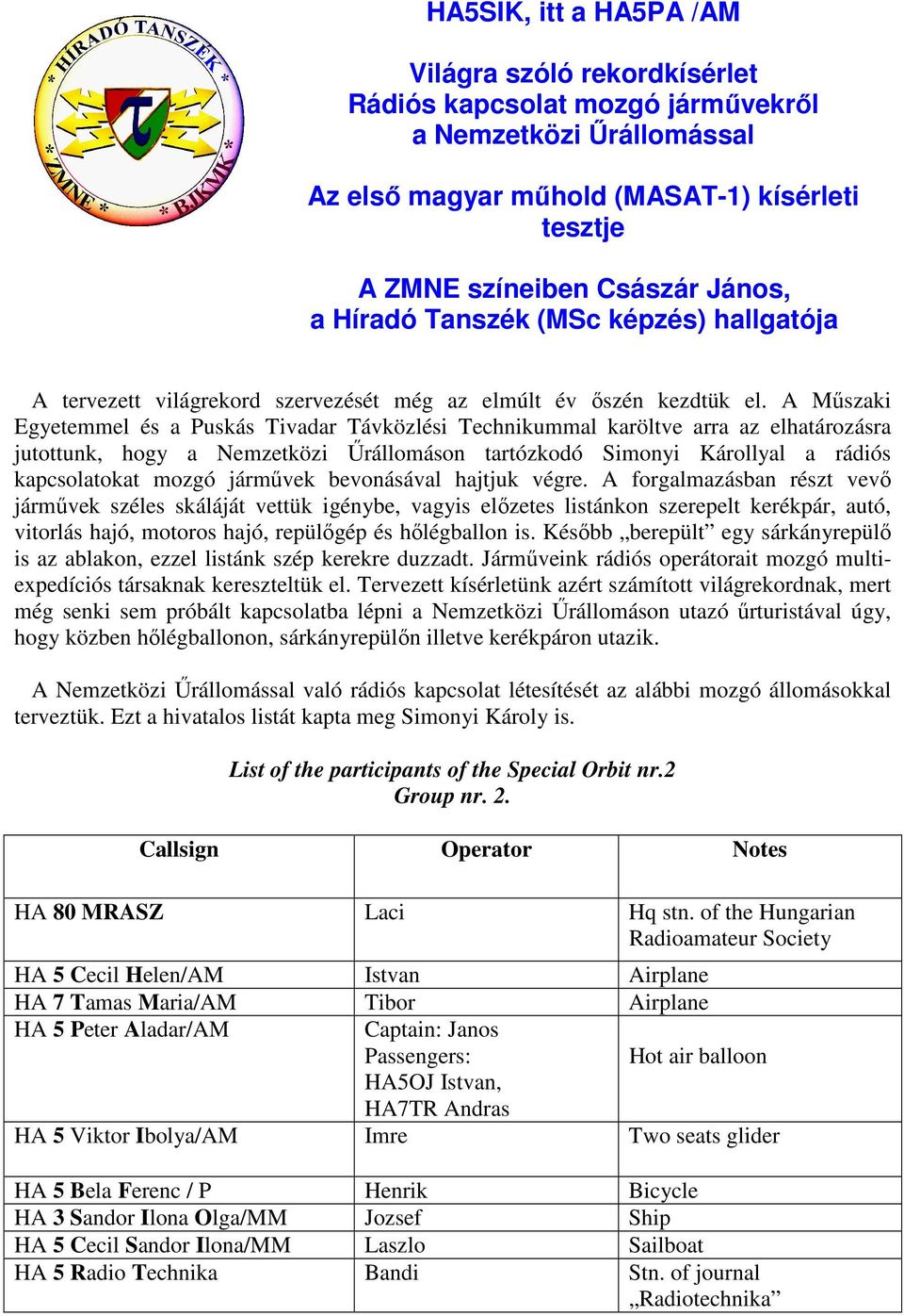 A Mőszaki Egyetemmel és a Puskás Tivadar Távközlési Technikummal karöltve arra az elhatározásra jutottunk, hogy a Nemzetközi Őrállomáson tartózkodó Simonyi Károllyal a rádiós kapcsolatokat mozgó