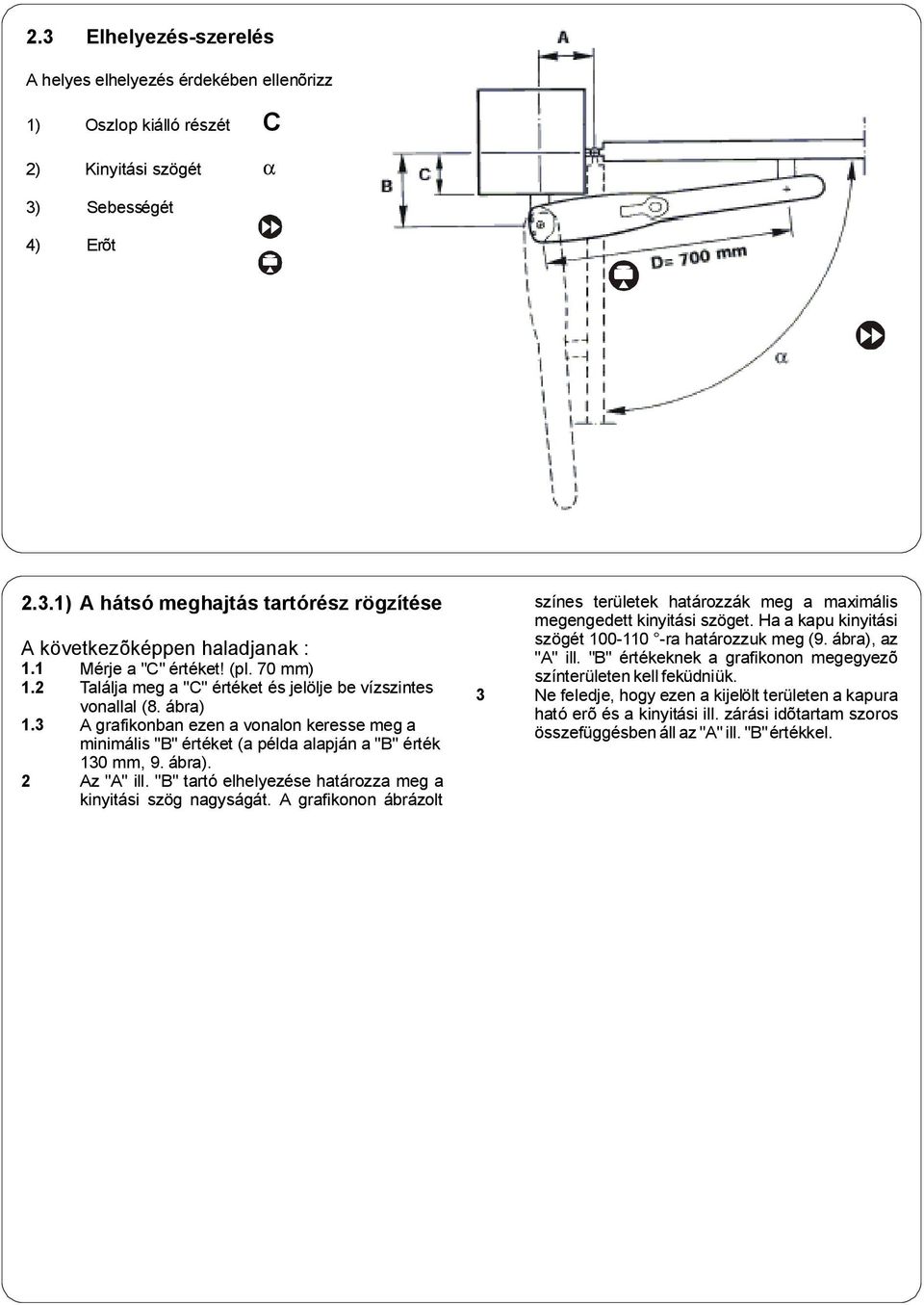 3 A grafikonban ezen a vonalon keresse meg a minima lis "B" erteket (a pelda alapja n a "B" ertek 130 mm, 9. a bra). 2 Az "A" ill. "B" tartö elhelyezese hata rozza meg a kinyita si sz g nagysa ga t.