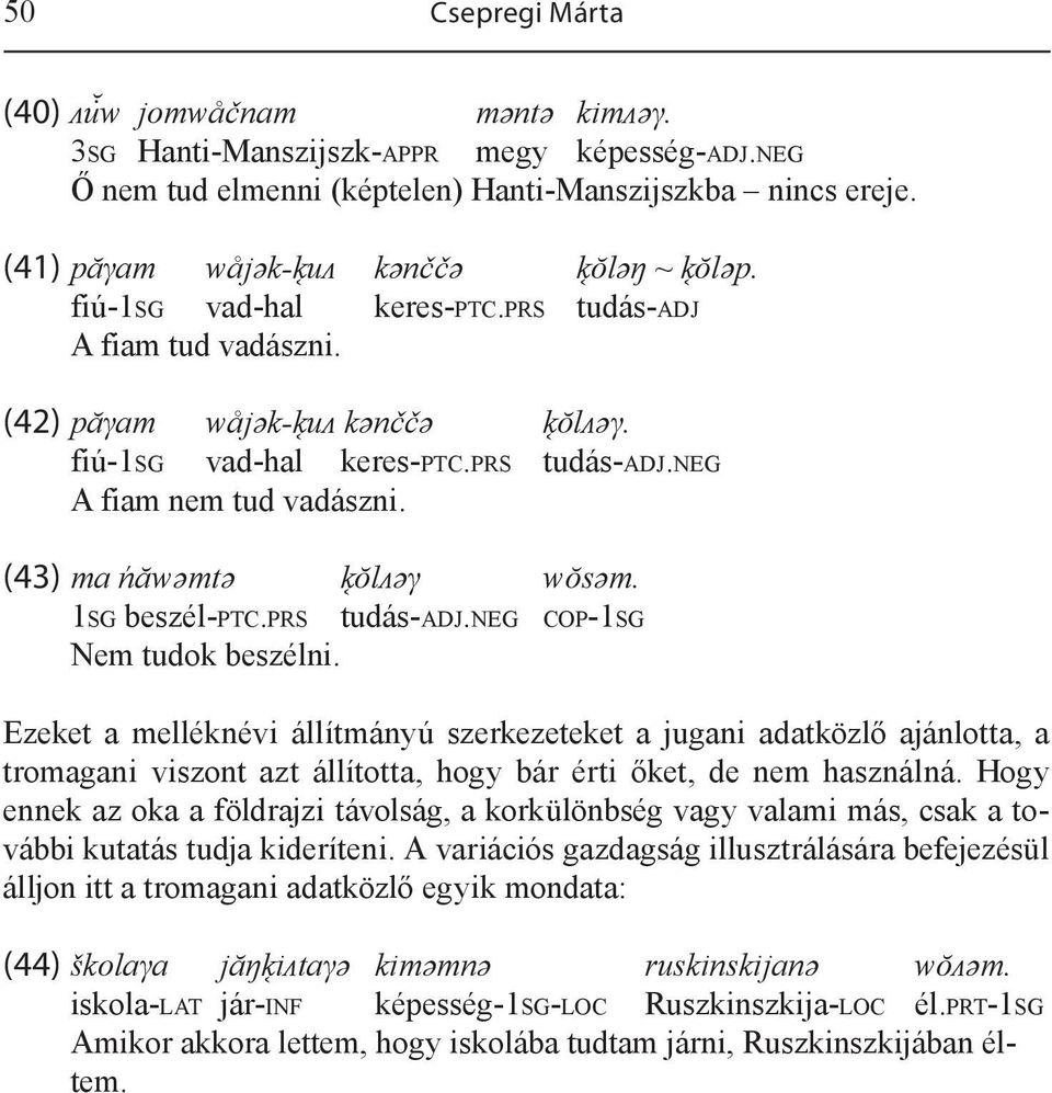 (43) ma ńăwǝmtǝ k ŏlᴧǝγ wŏsǝm. 1SG beszél-ptc.prs tudás-adj.neg COP-1SG Nem tudok beszélni.