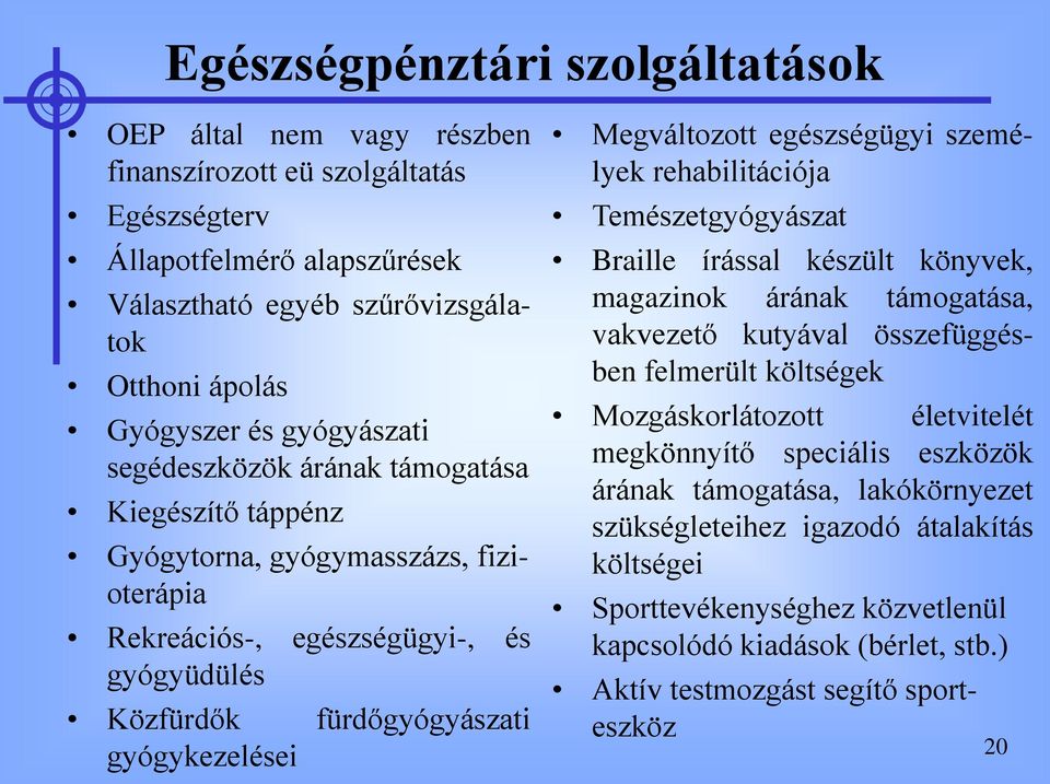 Megváltozott egészségügyi személyek rehabilitációja Temészetgyógyászat Braille írással készült könyvek, magazinok árának támogatása, vakvezető kutyával összefüggésben felmerült költségek