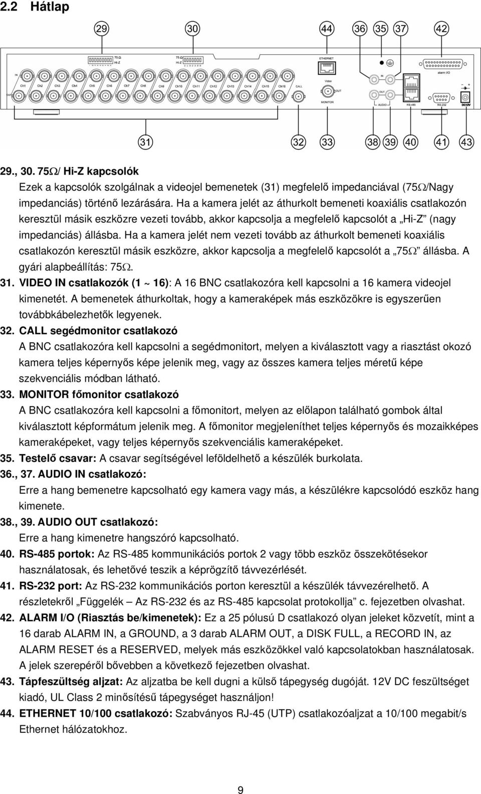 Ha a kamera jelét nem vezeti tovább az áthurkolt bemeneti koaxiális csatlakozón keresztül másik eszközre, akkor kapcsolja a megfelelő kapcsolót a 75Ω állásba. A gyári alapbeállítás: 75Ω. 31.