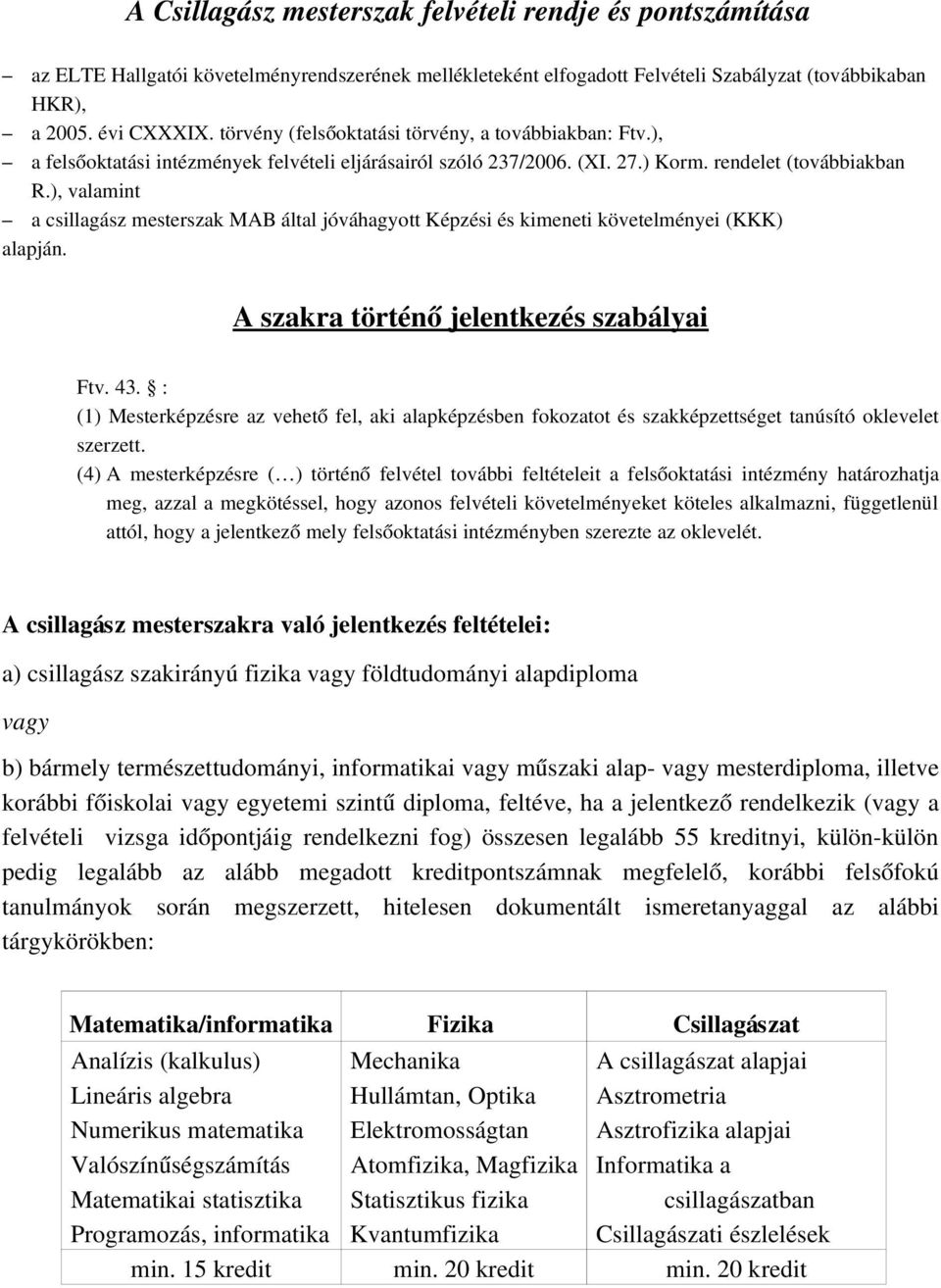 ), valamint a csillagász mesterszak MAB által jóváhagyott Képzési és kimeneti követelményei (KKK) alapján. A szakra történő jelentkezés szabályai Ftv. 43.