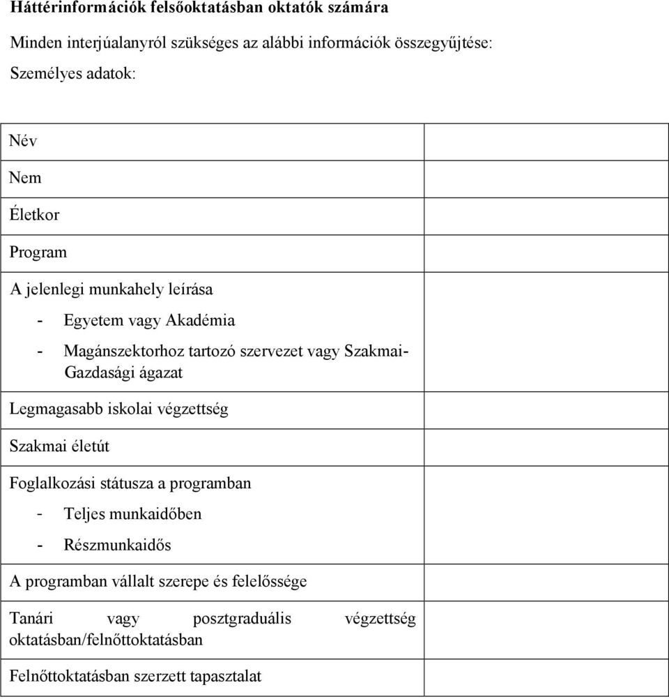 ágazat Legmagasabb iskolai végzettség Szakmai életút Foglalkozási státusza a programban - Teljes munkaidıben - Részmunkaidıs A programban