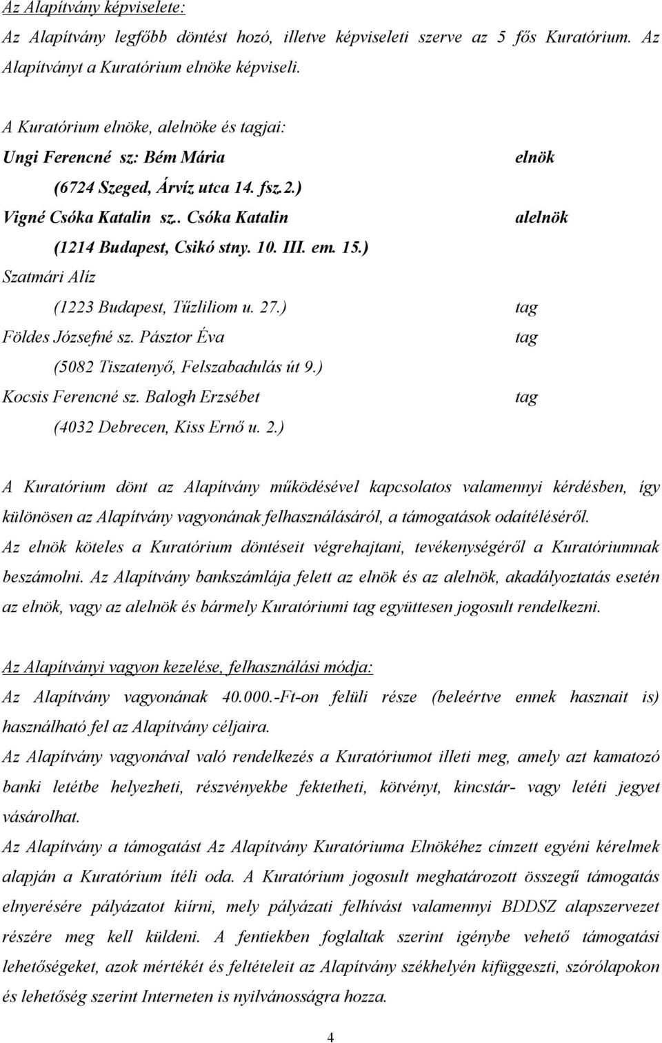 15.) Szatmári Alíz (1223 Budapest, Tűzliliom u. 27.) tag Földes Józsefné sz. Pásztor Éva tag (5082 Tiszatenyő, Felszabadulás út 9.) Kocsis Ferencné sz. Balogh Erzsébet tag (4032 Debrecen, Kiss Ernő u.