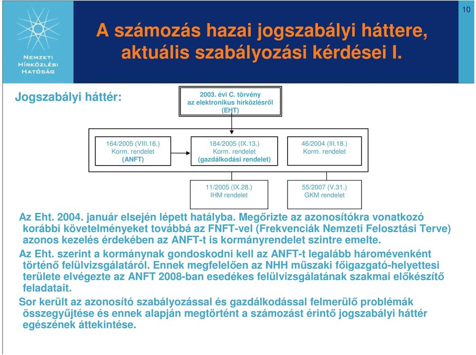 Megırizte az azonosítókra vonatkozó korábbi követelményeket továbbá az FNFT-vel (Frekvenciák Nemzeti Felosztási Terve) azonos kezelés érdekében az ANFT-t is kormányrendelet szintre emelte. Az Eht.