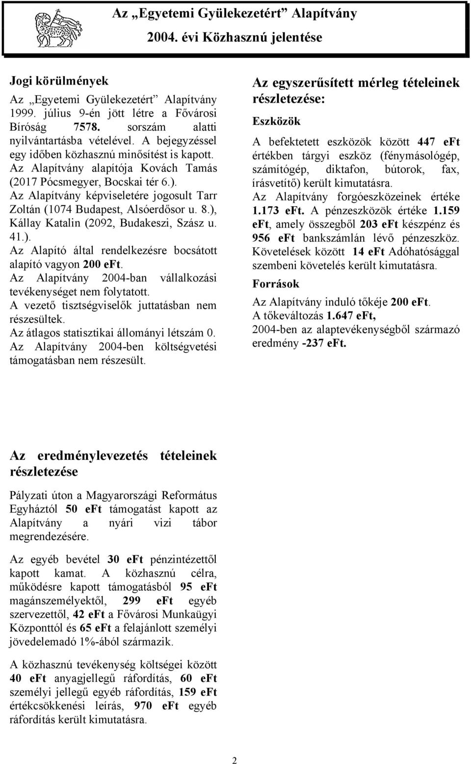 Az Alapítvány képviseletére jogosult Tarr Zoltán (1074 Budapest, Alsóerdősor u. 8.), Kállay Katalin (2092, Budakeszi, Szász u. 41.). Az Alapító által rendelkezésre bocsátott alapító vagyon 200 eft.