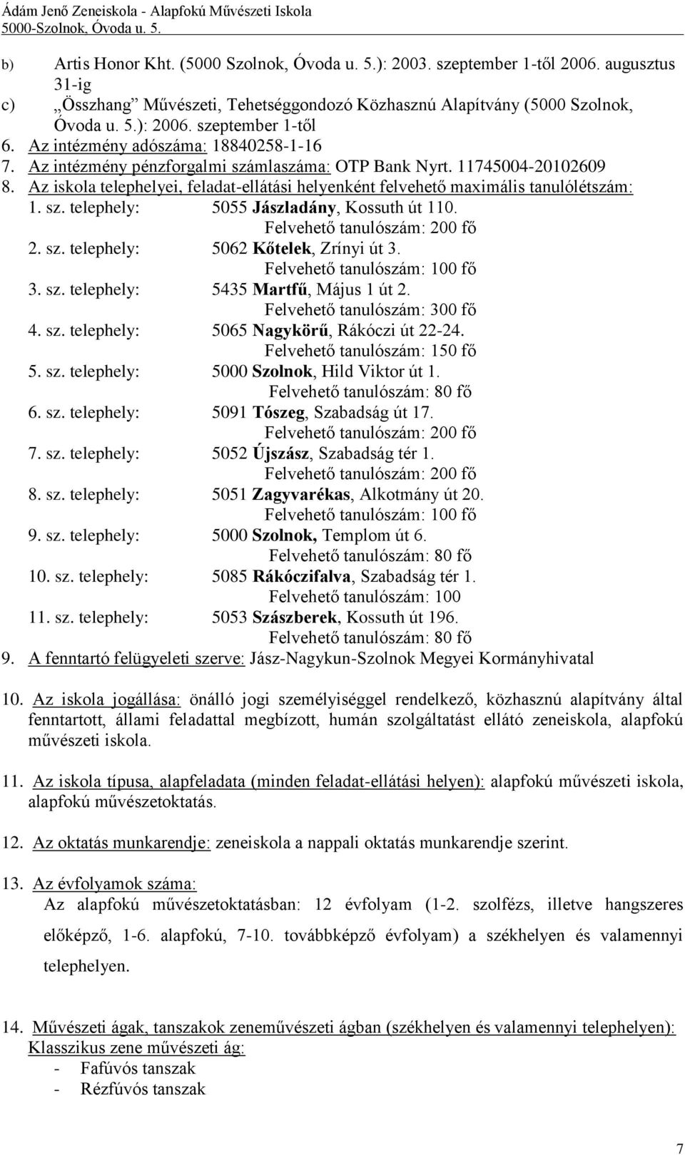 Az iskola telephelyei, feladat-ellátási helyenként felvehető maximális tanulólétszám: 1. sz. telephely: 5055 Jászladány, Kossuth út 110. Felvehető tanulószám: 200 fő 2. sz. telephely: 5062 Kőtelek, Zrínyi út 3.