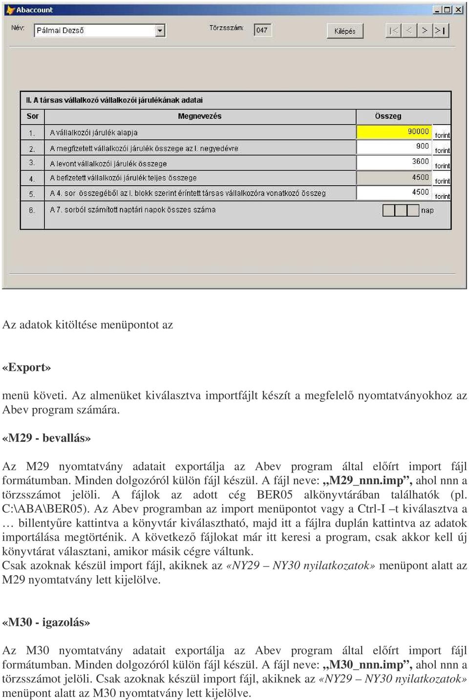 imp, ahol nnn a törzsszámot jelöli. A fájlok az adott cég BER05 alkönyvtárában találhatók (pl. C:\ABA\BER05).