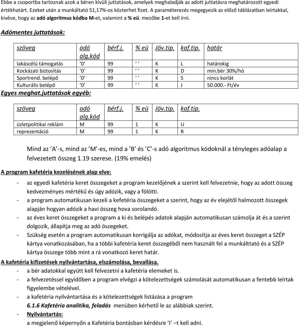 kaf.tip. határ alg.kód lakáscélú támogatás 0 99 K L határokig Kockázati biztosítás 0 99 K D min.bér 30%/hó Sportrend. belépő 0 99 K S nincs korlát Kulturális belépő 0 99 K J 50.000.