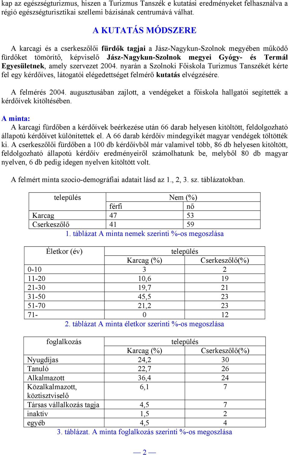 szervezet 2004. nyarán a Szolnoki Főiskola Turizmus Tanszékét kérte fel egy kérdőíves, látogatói elégedettséget felmérő kutatás elvégzésére. A felmérés 2004.