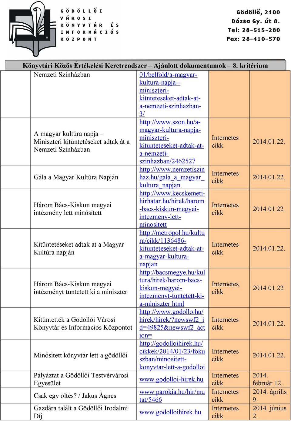 / Jakus Ágnes Gazdára talált a Gödöllői Irodalmi Díj http://www.nemzetiszin haz.hu/gala_a_magyar_ kultura_napjan Könyvtári Közös Értékelési Keretrendszer Ajánlott dokumentumok 8.