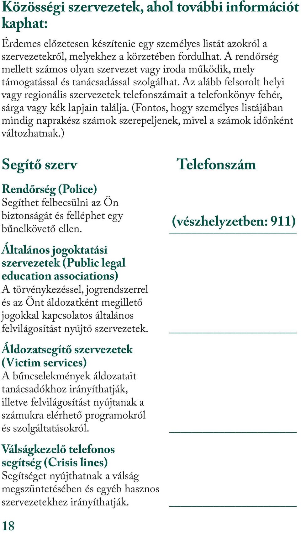 Az alább felsorolt helyi vagy regionális szervezetek telefonszámait a telefonkönyv fehér, sárga vagy kék lapjain találja.