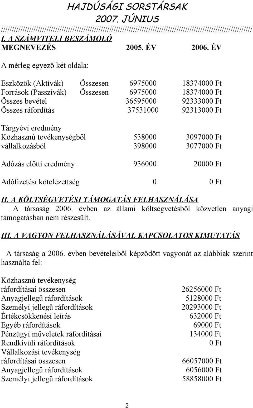 92313000 Ft Tárgyévi eredmény Közhasznú tevékenységből 538000 3097000 Ft vállalkozásból 398000 3077000 Ft Adózás előtti eredmény 936000 20000 Ft Adófizetési kötelezettség 0 0 Ft II.