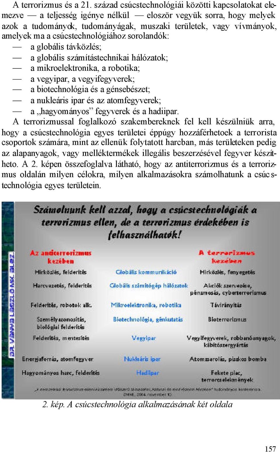 csúcstechnológiához sorolandók: a globális távközlés; a globális számítástechnikai hálózatok; a mikroelektronika, a robotika; a vegyipar, a vegyifegyverek; a biotechnológia és a génsebészet; a