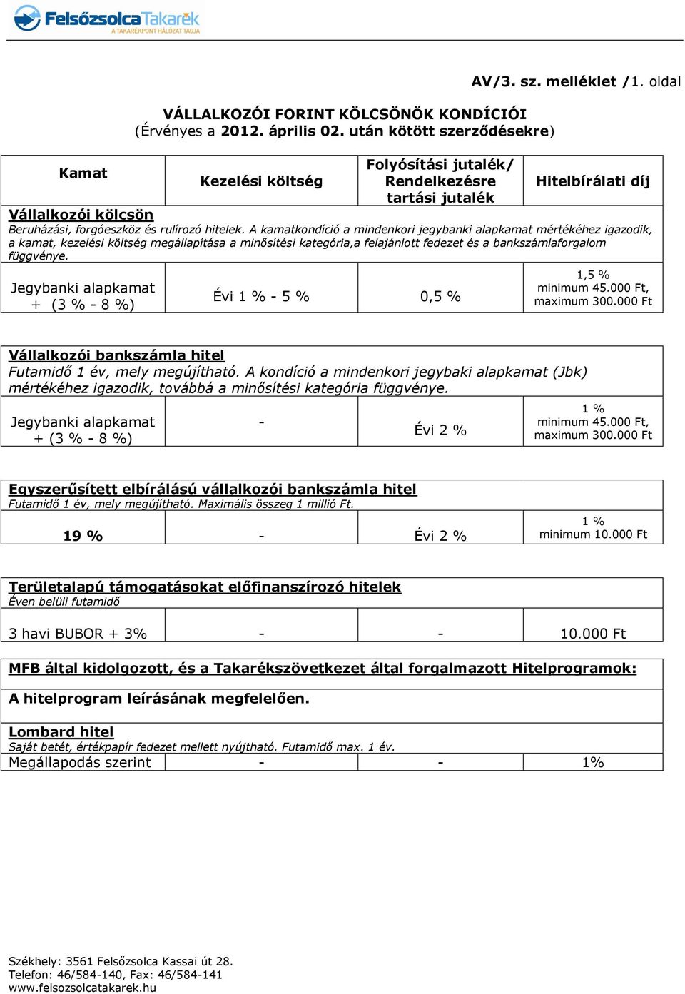 A kamatkondíció a mindenkori jegybanki alapkamat mértékéhez igazodik, a kamat, kezelési költség megállapítása a minősítési kategória,a felajánlott fedezet és a bankszámlaforgalom függvénye.