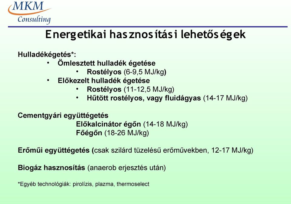 együttégetés Előkalcinátor égőn (14-18 MJ/kg) Főégőn (18-26 MJ/kg) Erőműi együttégetés (csak szilárd tüzelésű