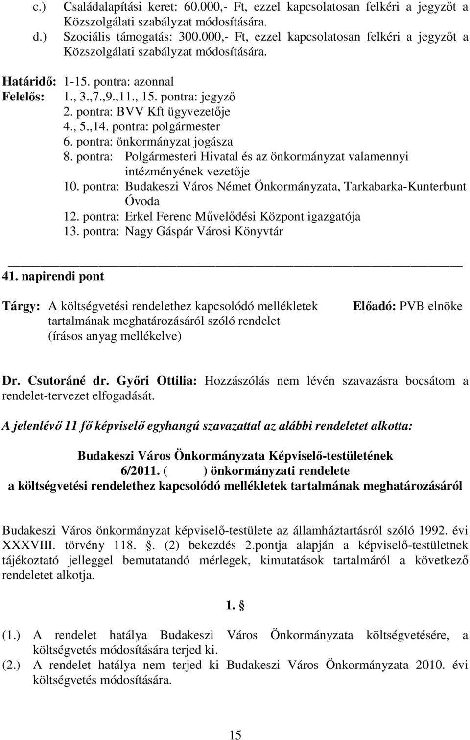 , 5.,14. pontra: polgármester 6. pontra: önkormányzat jogásza 8. pontra: Polgármesteri Hivatal és az önkormányzat valamennyi intézményének vezetıje 10.