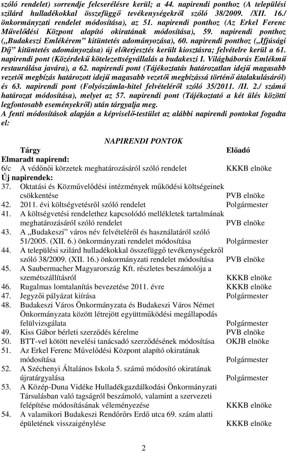 napirendi ponthoz ( Budakeszi Emlékérem kitüntetés adományozása), 60. napirendi ponthoz ( Ifjúsági Díj kitüntetés adományozása) új elıterjesztés került kiosztásra; felvételre kerül a 61.