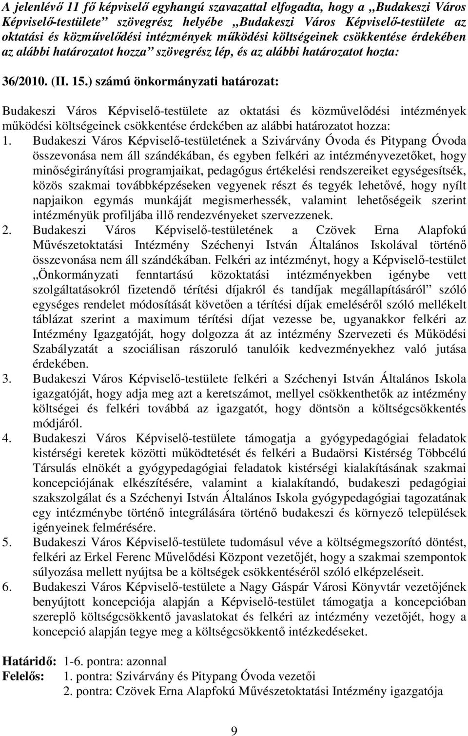 ) számú önkormányzati határozat: Budakeszi Város Képviselı-testülete az oktatási és közmővelıdési intézmények mőködési költségeinek csökkentése érdekében az alábbi határozatot hozza: 1.