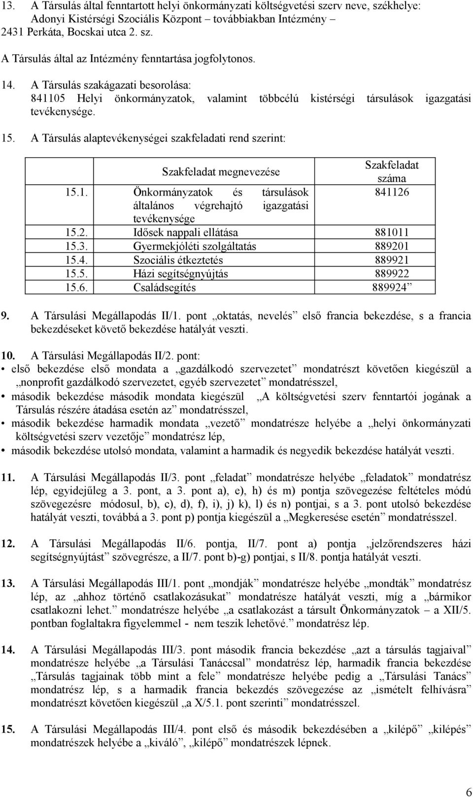 A Társulás alaptevékenységei szakfeladati rend szerint: Szakfeladat megnevezése 15.1. Önkormányzatok és társulások általános végrehajtó igazgatási tevékenysége Szakfeladat száma 841126