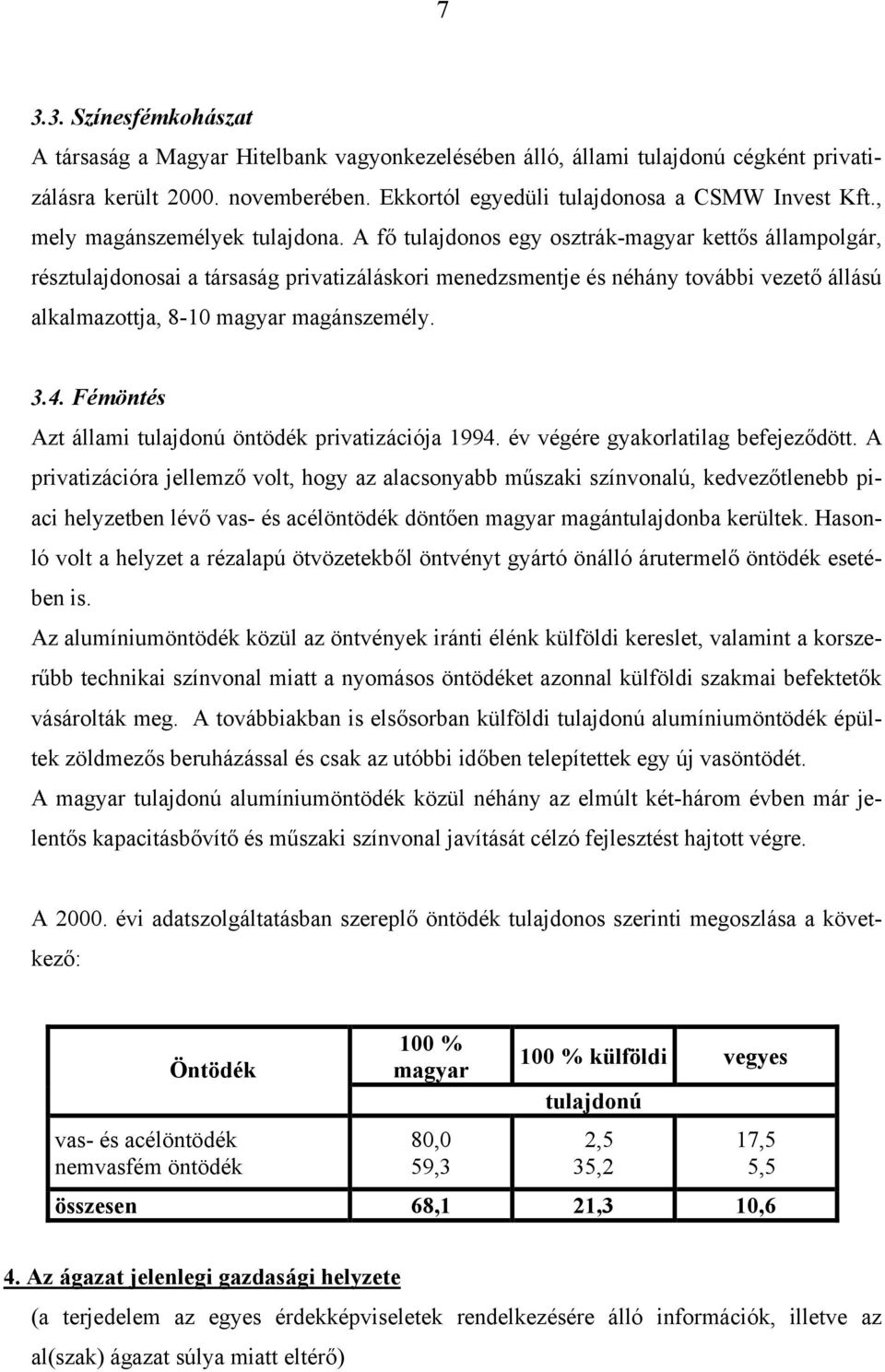 A fő tulajdonos egy osztrák-magyar kettős állampolgár, résztulajdonosai a társaság privatizáláskori menedzsmentje és néhány további vezető állású alkalmazottja, 8-10 magyar magánszemély. 3.4.