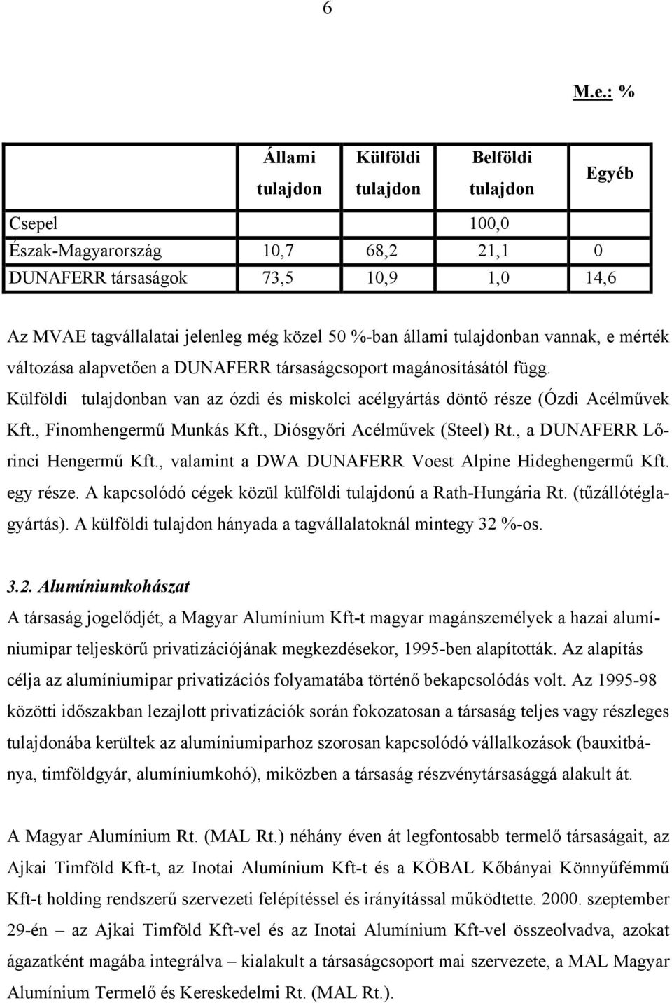 állami tulajdonban vannak, e mérték változása alapvetően a DUNAFERR társaságcsoport magánosításától függ. Külföldi tulajdonban van az ózdi és miskolci acélgyártás döntő része (Ózdi Acélművek Kft.