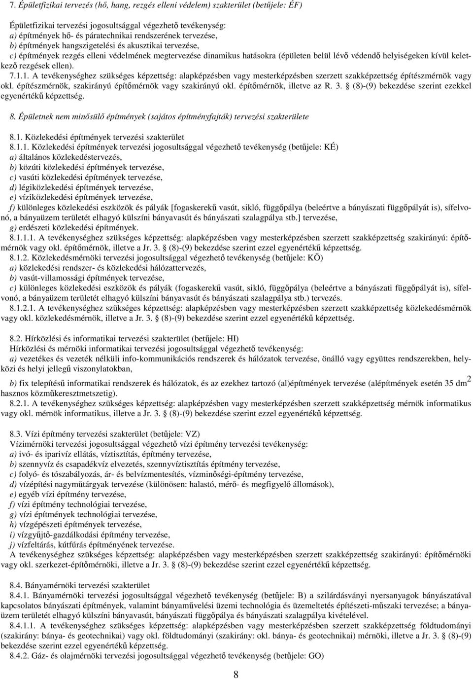 rezgések ellen). 7.1.1. A tevékenységhez szükséges képzettség: alapképzésben vagy mesterképzésben szerzett szakképzettség építészmérnök vagy okl.