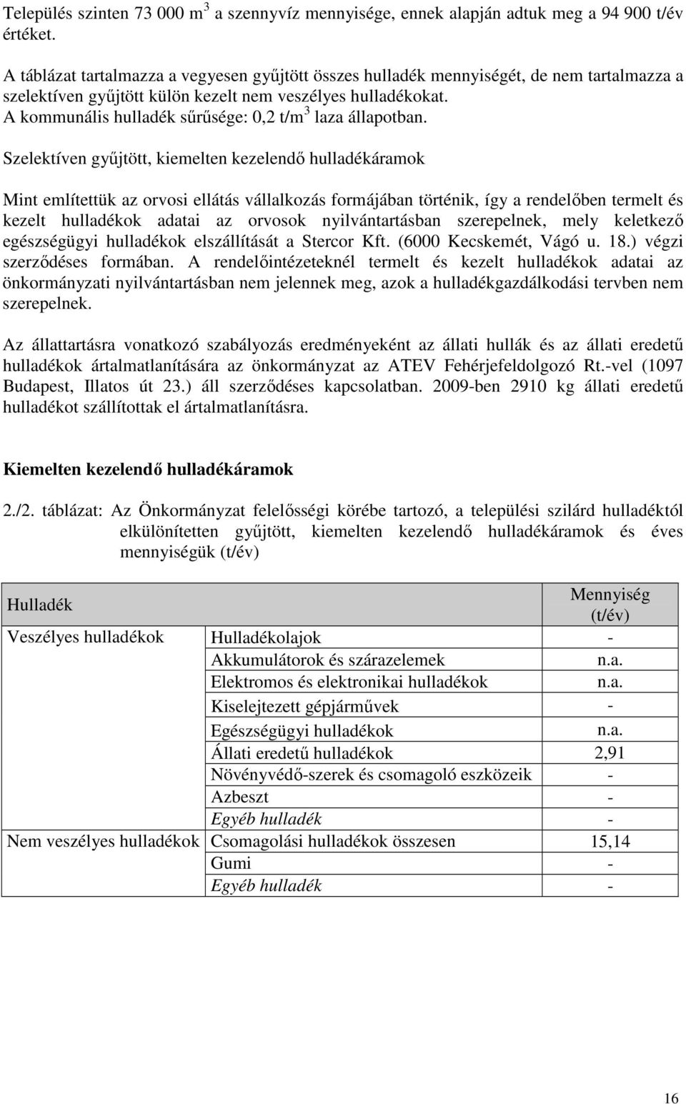 A kommunális hulladék sőrősége: 0,2 t/m 3 laza állapotban.