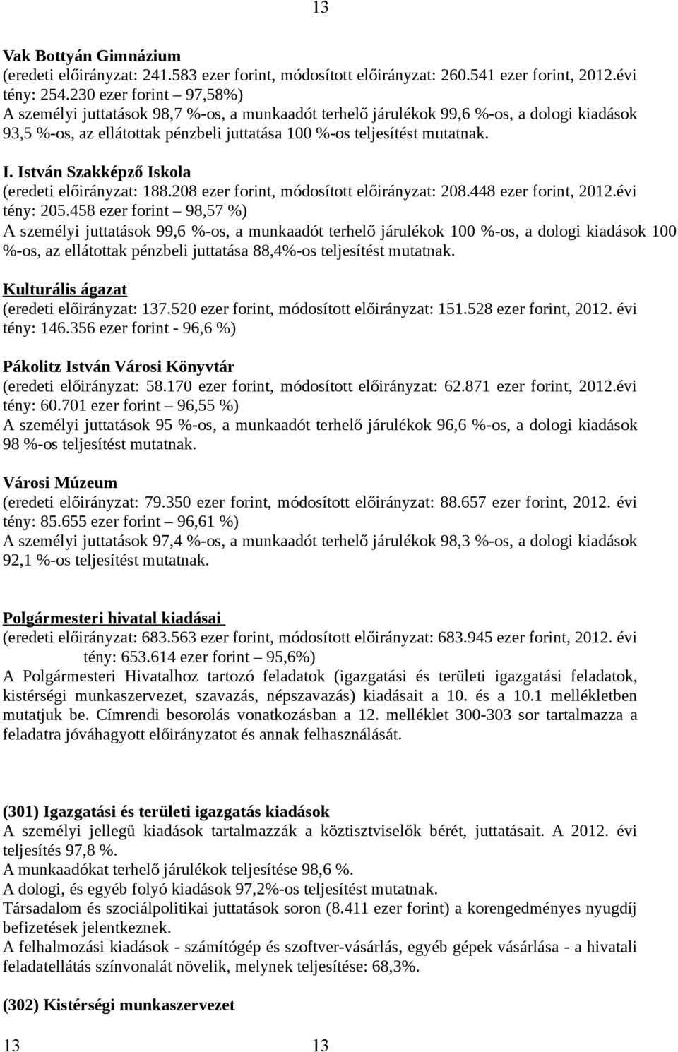 István Szakképző Iskola (eredeti előirányzat: 188.208 ezer forint, módosított előirányzat: 208.448 ezer forint, 2012.évi tény: 205.