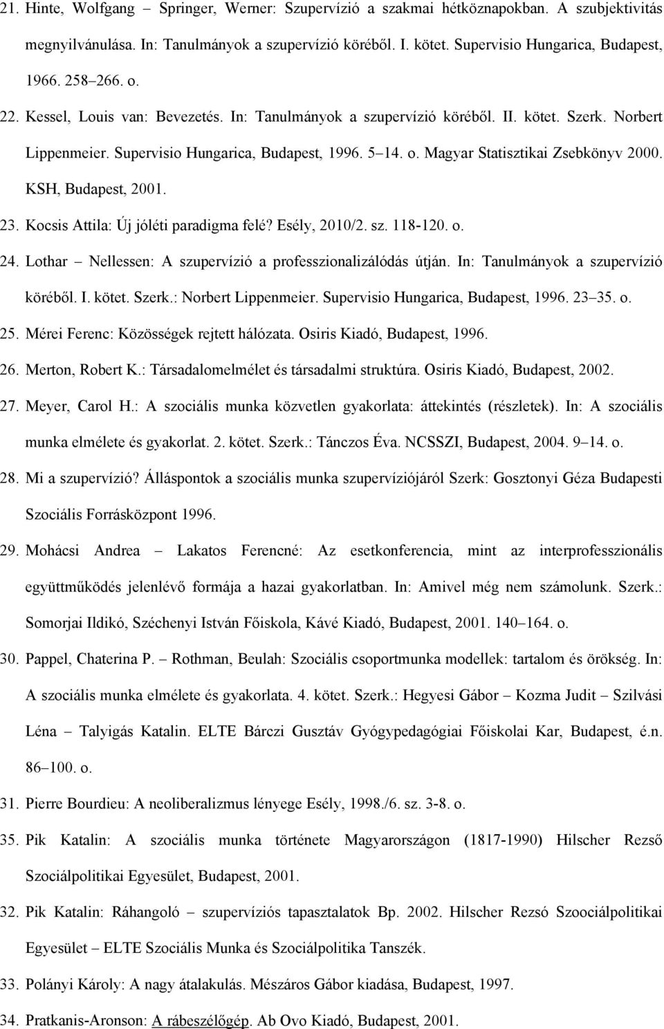 KSH, Budapest, 2001. 23. Kocsis Attila: Új jóléti paradigma felé? Esély, 2010/2. sz. 118-120. o. 24. Lothar Nellessen: A szupervízió a professzionalizálódás útján.