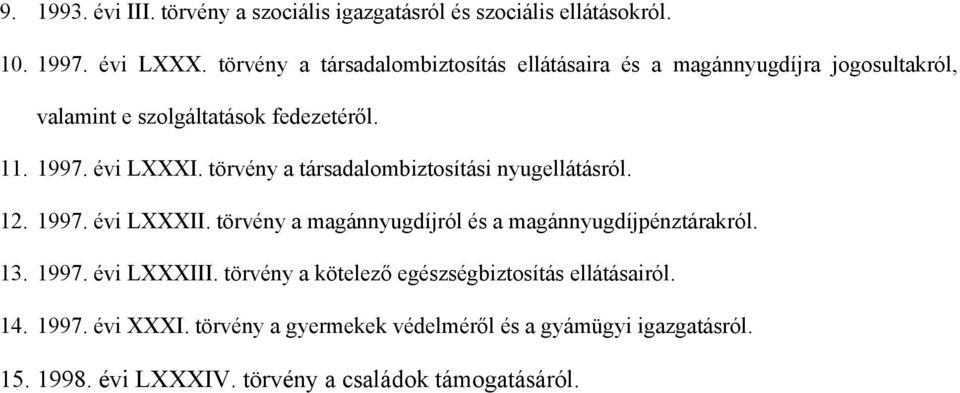 törvény a társadalombiztosítási nyugellátásról. 12. 1997. évi LXXXII. törvény a magánnyugdíjról és a magánnyugdíjpénztárakról. 13. 1997. évi LXXXIII.