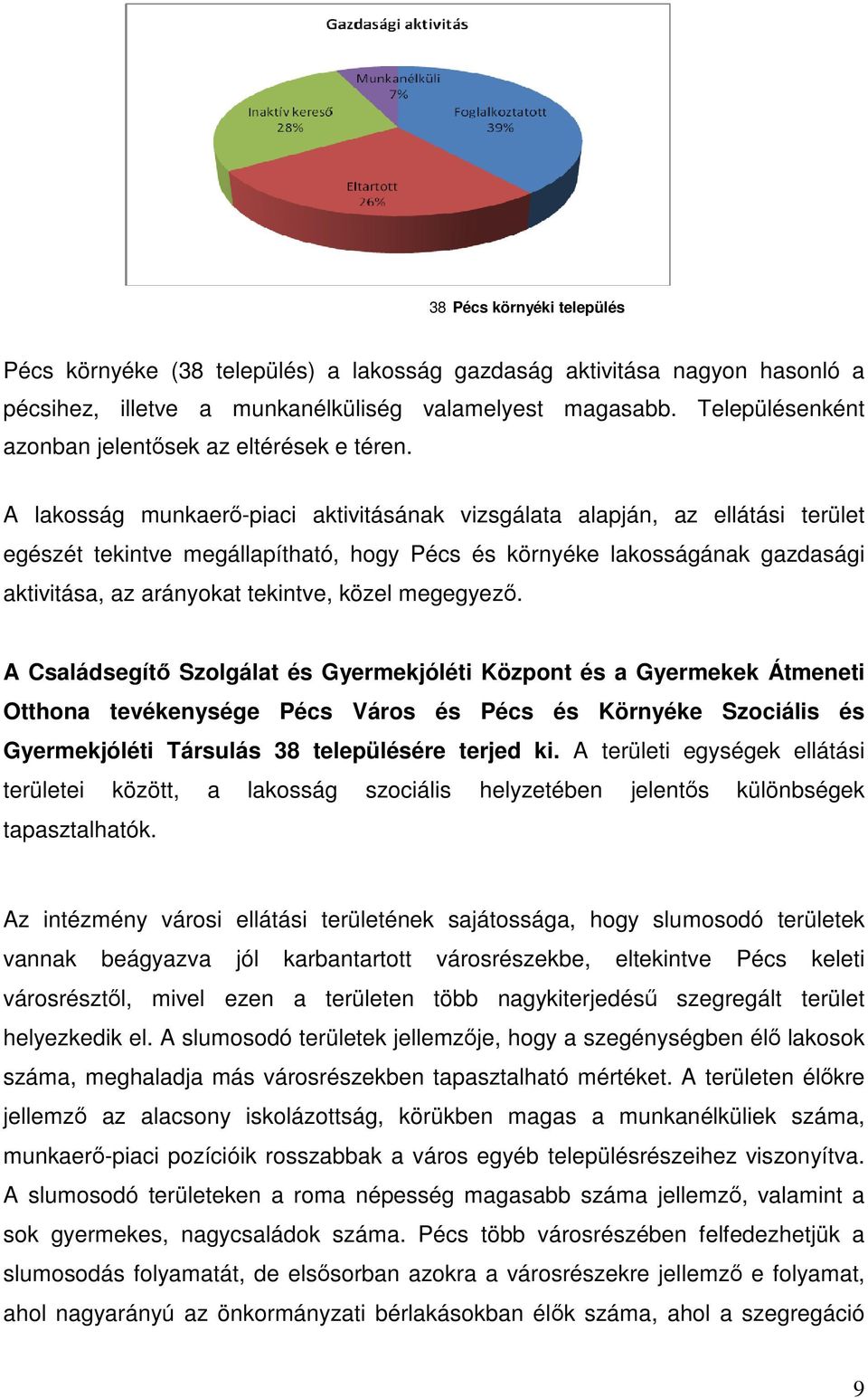 A lakosság munkaerő-piaci aktivitásának vizsgálata alapján, az ellátási terület egészét tekintve megállapítható, hogy Pécs és környéke lakosságának gazdasági aktivitása, az arányokat tekintve, közel