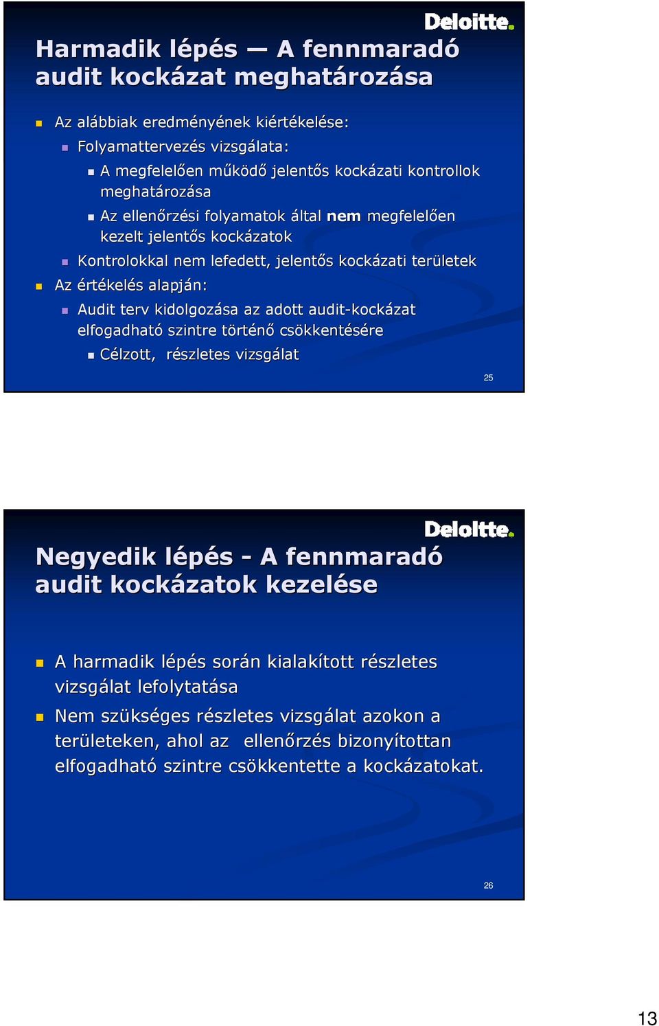 kidolgozása az adott audit-kock kockázat elfogadható szintre törtt rténő csökkent kkentésére Célzott, részletes r vizsgálat 25 Negyedik lépés l - A fennmaradó audit kockázatok kezelése A harmadik