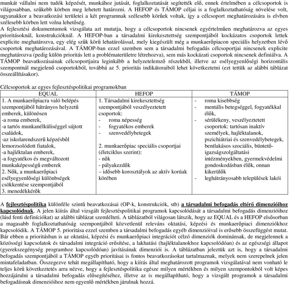 körben lett volna lehetőség. A fejlesztési dokumentumok vizsgálata azt mutatja, hogy a célcsoportok nincsenek egyértelműen meghatározva az egyes prioritásoknál, konstrukcióknál.