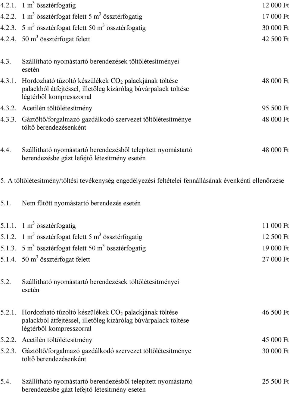 Hordozható tűzoltó készülékek CO 2 palackjának töltése palackból átfejtéssel, illetőleg kizárólag búvárpalack töltése légtérből kompresszorral 48 000 4.3.