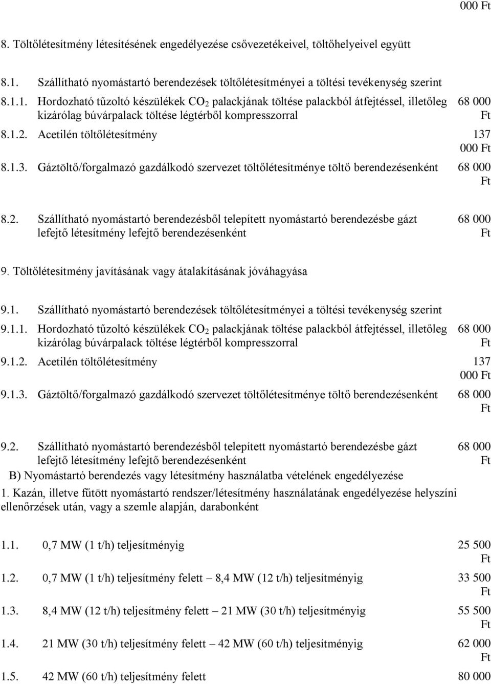 1. Hordozható tűzoltó készülékek CO 2 palackjának töltése palackból átfejtéssel, illetőleg kizárólag búvárpalack töltése légtérből kompresszorral 68 000 8.1.2. Acetilén töltőlétesítmény 137