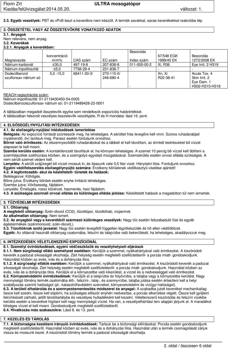 Anyagok a keverékben: Besorolás koncentráció 67/548 EGK Besorolás Megnevezés m/m% CAS szám EC szám Index szám 1999/45 EK 1272/2008 EK Nátrium-karbonát 30,0 497-19-8 207-838-8 011-005-00-2 Xi, R36 Eye
