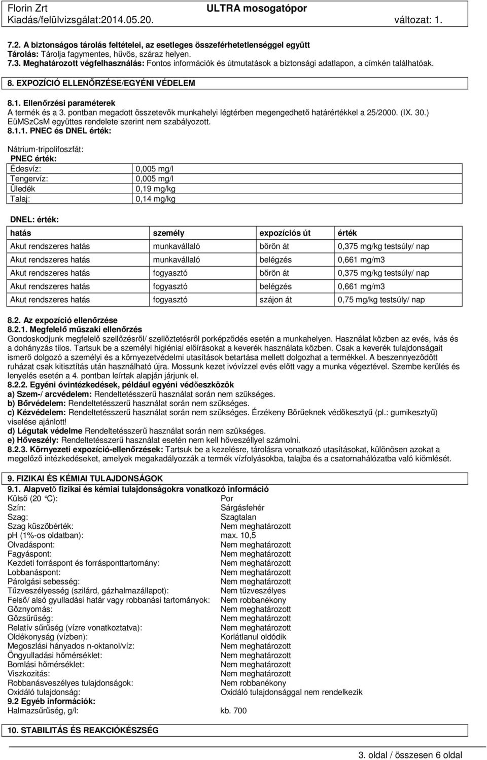 pontban megadott összetevők munkahelyi légtérben megengedhető határértékkel a 25/2000. (IX. 30.) EüMSzCsM együttes rendelete szerint nem szabályozott. 8.1.