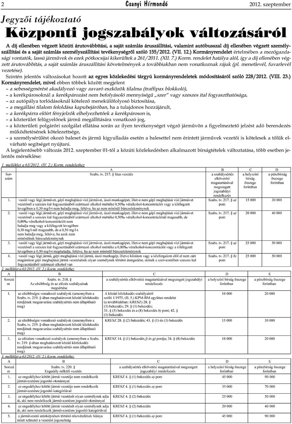 személyszállítási és a saját számlás személyszállítási tevékenységről szóló 155/2012. (VII. 12.