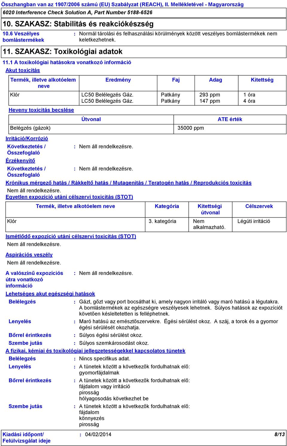 felhasználási körülmények között veszélyes bomlástermékek nem keletkezhetnek. Klór LC50 Belélegzés Gáz. Patkány 293 ppm 1 óra LC50 Belélegzés Gáz.