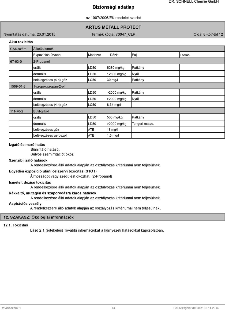 mg/kg Patkány dermális LD50 >2000 mg/kg belélegzéses gőz ATE 11 mg/l belélegzéses aeroszol ATE 1,5 mg/l Tengeri malac. Izgató és maró hatás Bőrirritáló hatású. Súlyos szemirritációt okoz.