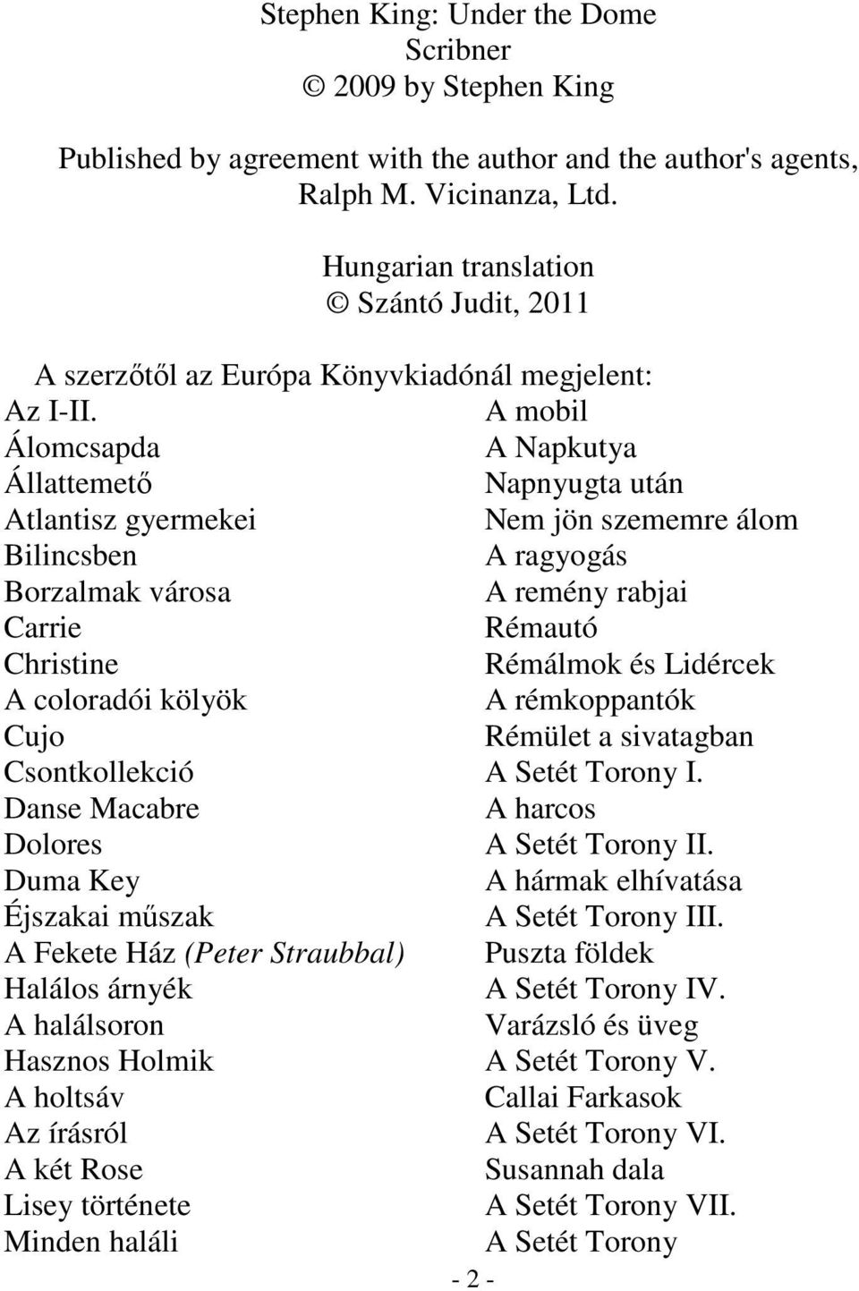 A mobil Álomcsapda A Napkutya Állattemető Napnyugta után Atlantisz gyermekei Nem jön szememre álom Bilincsben A ragyogás Borzalmak városa A remény rabjai Carrie Rémautó Christine Rémálmok és Lidércek