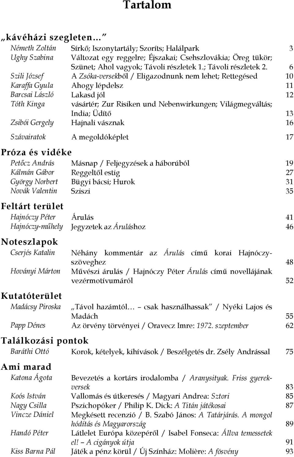 6 Szili József A Zsóka-versekbıl / Eligazodnunk nem lehet; Rettegésed 10 Karaffa Gyula Ahogy lépdelsz 11 Barcsai László Lakasd jól 12 Tóth Kinga vásártér; Zur Risiken und Nebenwirkungen;