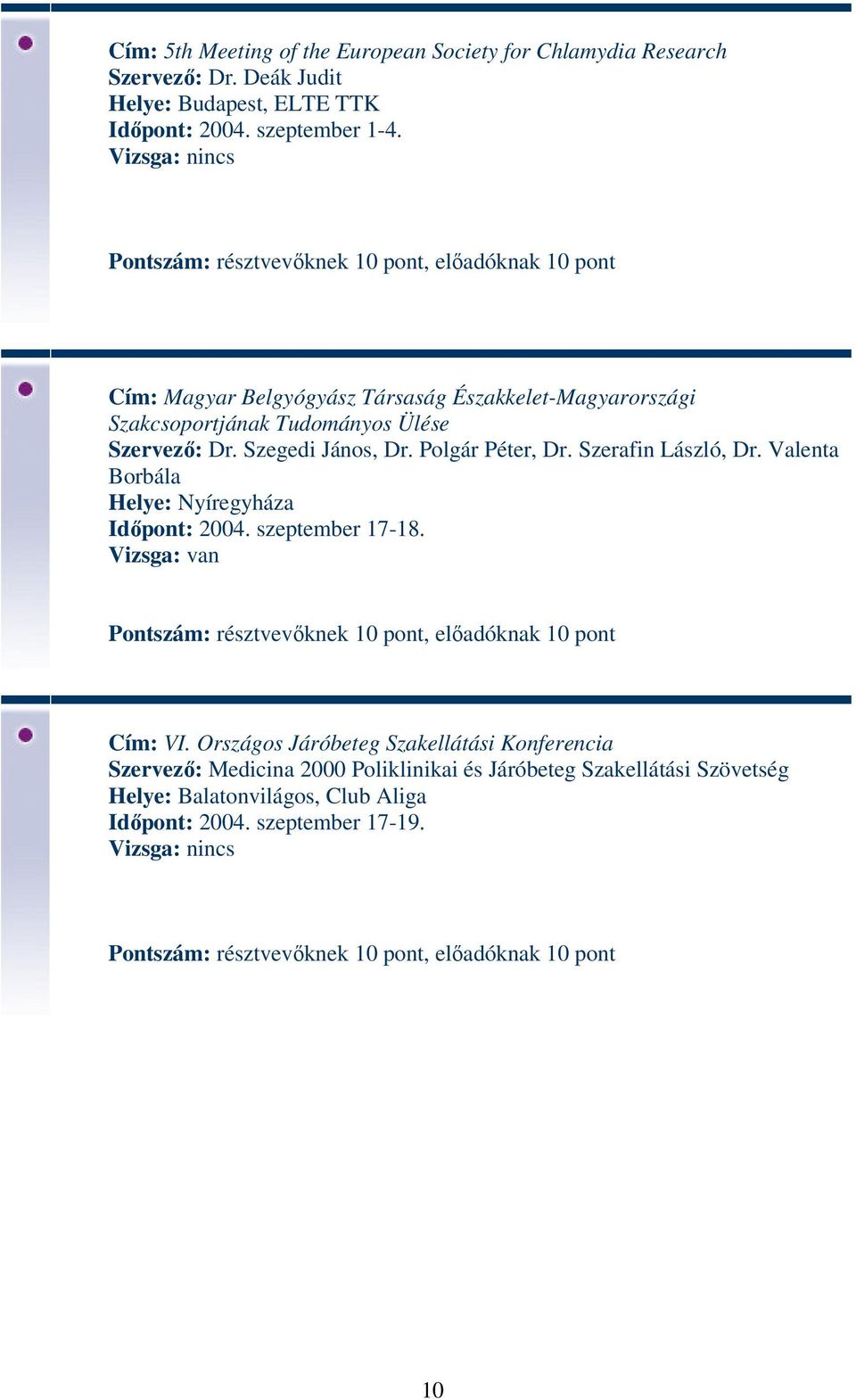 Polgár Péter, Dr. Szerafin László, Dr. Valenta Borbála Helye: Nyíregyháza Időpont: 2004. szeptember 17-18. Cím: VI.