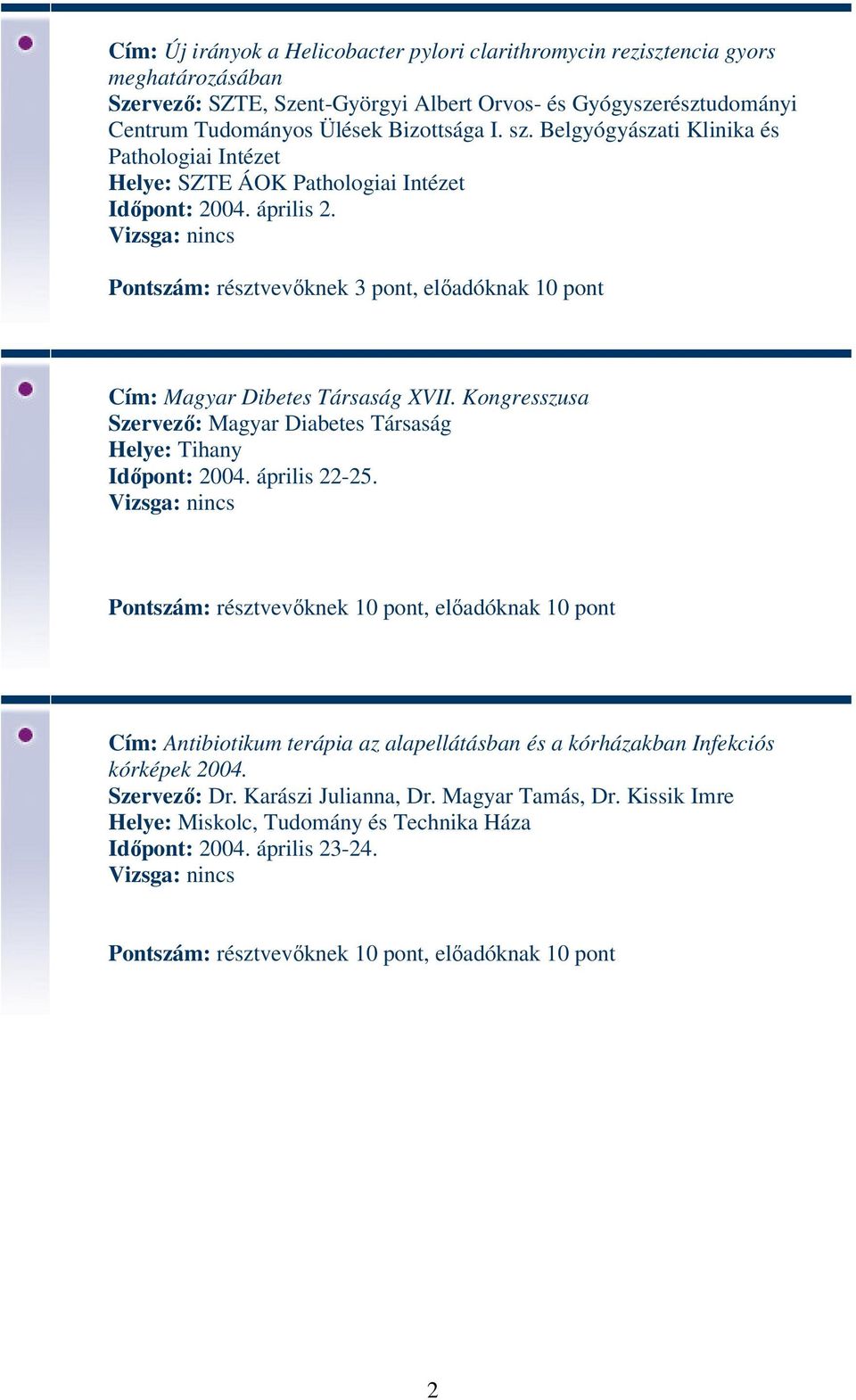 Pontszám: résztvevőknek 3 pont, előadóknak 10 pont Cím: Magyar Dibetes Társaság XVII. Kongresszusa Szervező: Magyar Diabetes Társaság Helye: Tihany Időpont: 2004. április 22-25.