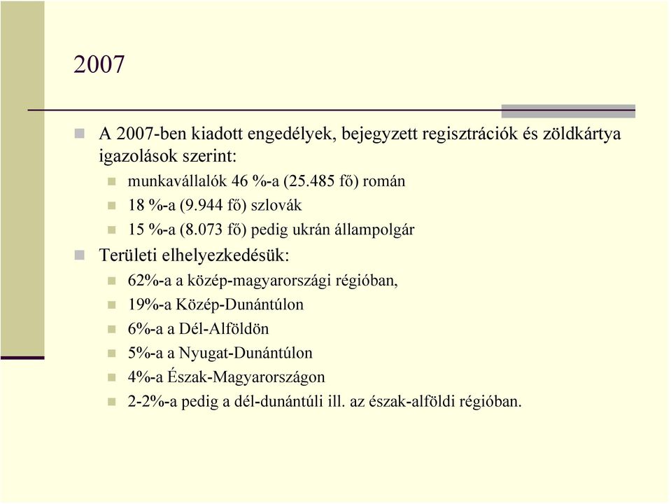 073 fő) pedig ukrán állampolgár Területi elhelyezkedésük: 62%-a a közép-magyarországi régióban, 19%-a