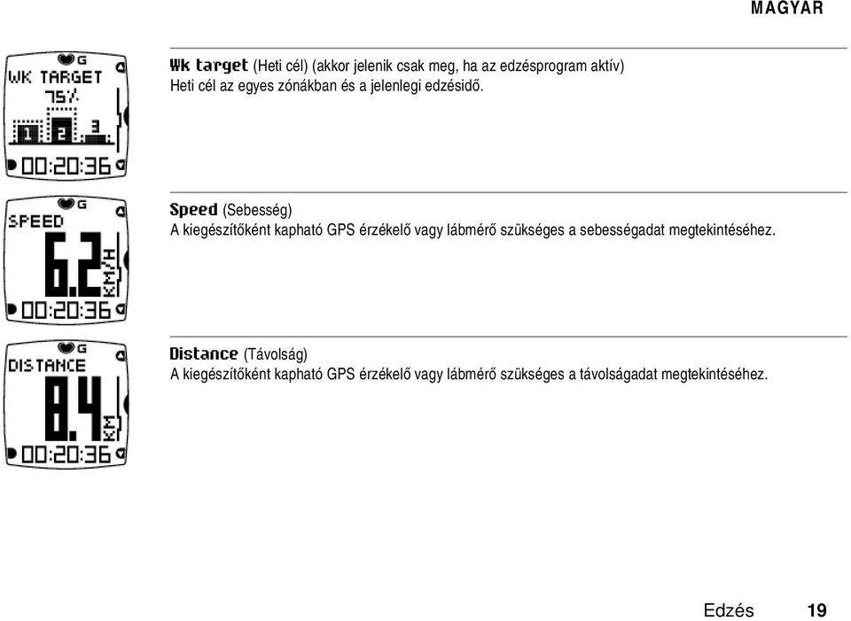 Speed (Sebesség) A kiegészítőként kapható GPS érzékelő vagy lábmérő szükséges a