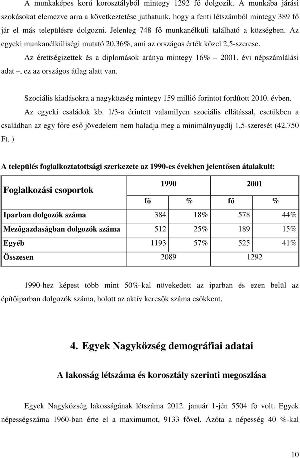 évi népszámlálási adat, ez az országos átlag alatt van. Szociális kiadásokra a nagyközség mintegy 159 millió forintot fordított 2010. évben. Az egyeki családok kb.