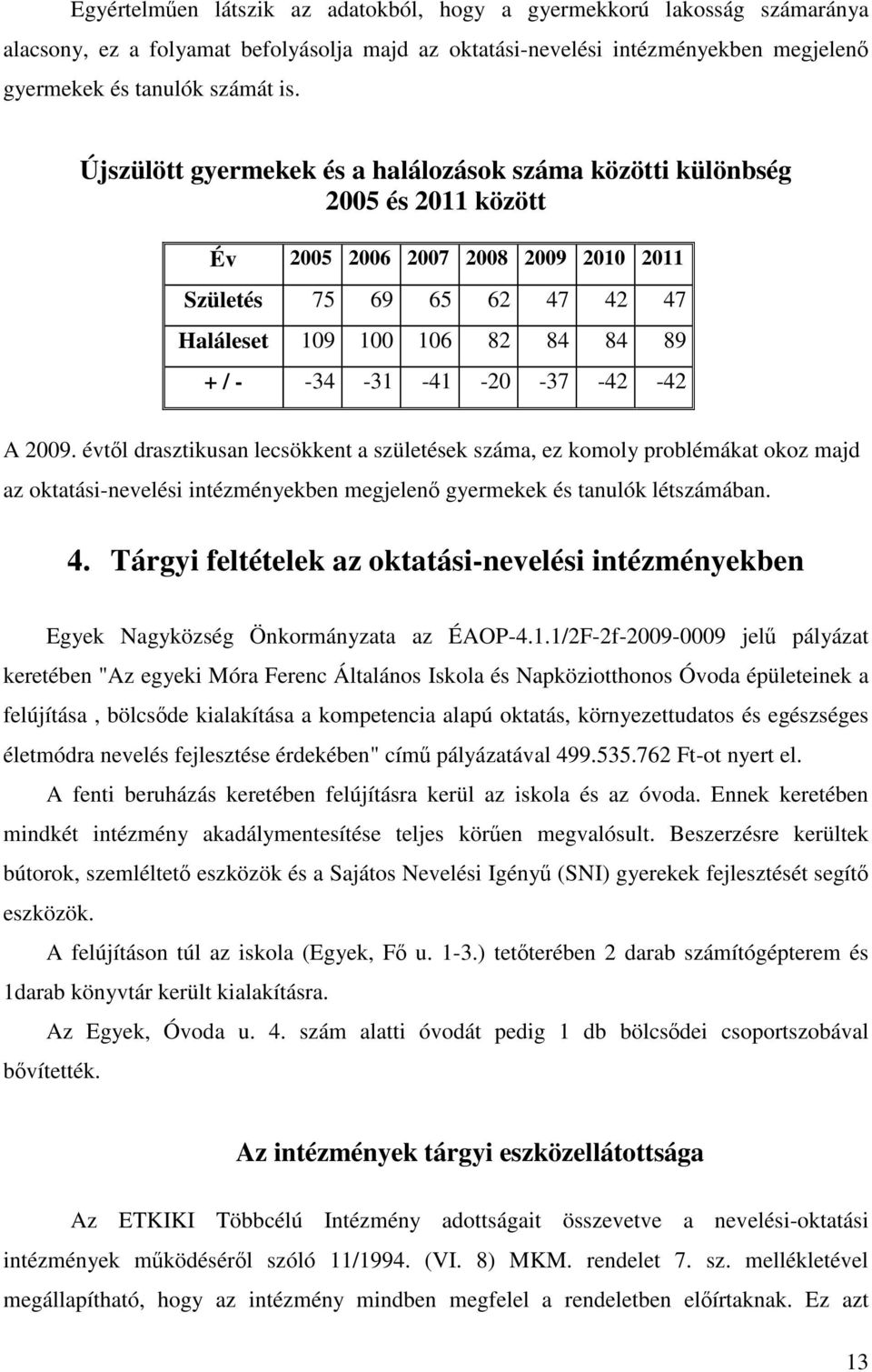 -41-20 -37-42 -42 A 2009. évtől drasztikusan lecsökkent a születések száma, ez komoly problémákat okoz majd az oktatási-nevelési intézményekben megjelenő gyermekek és tanulók létszámában. 4.