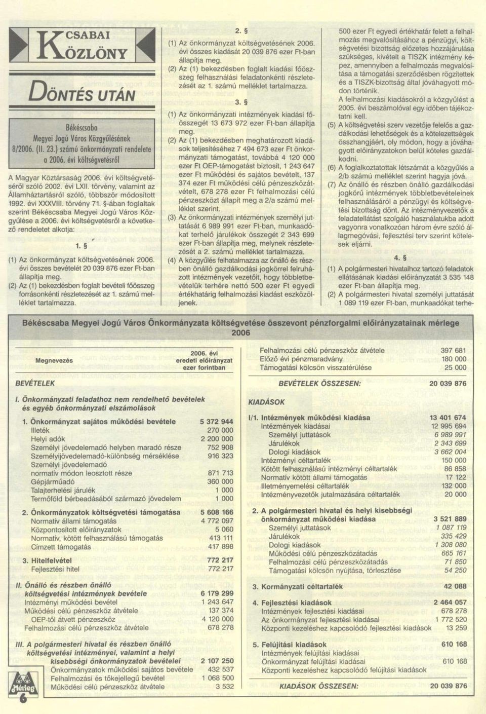 -ában foglaltak szerint Békéscsaba Megyei Jogú Város Közgyűlése a 2006. évi költségvetésről a következő rendeletet alkotja: 1. ' (1) Az önkormányzat költségvetésének 2006.